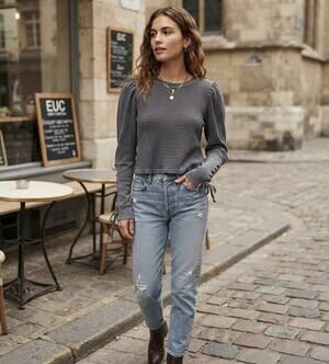 FP One Free People Gray Waffle Knit Thermal Top M Puff Sleeve Lace-Up Cuff Boho